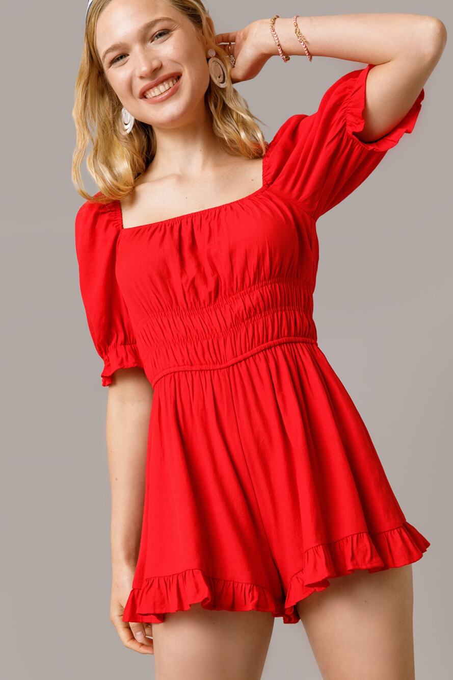 Blue Rain Francesca’s Emma Puff Sleeve Red Smocked Short Sleeve Romper M